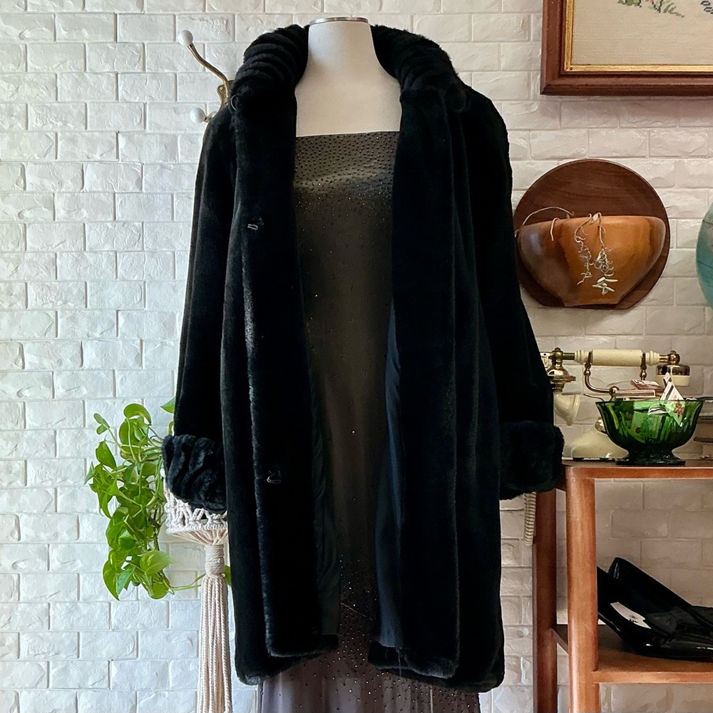 Vintage Black Old Money Faux Fur Coat Jacket Oversized Long Bell Sleeve Mob Wife - Picture 7 of 13